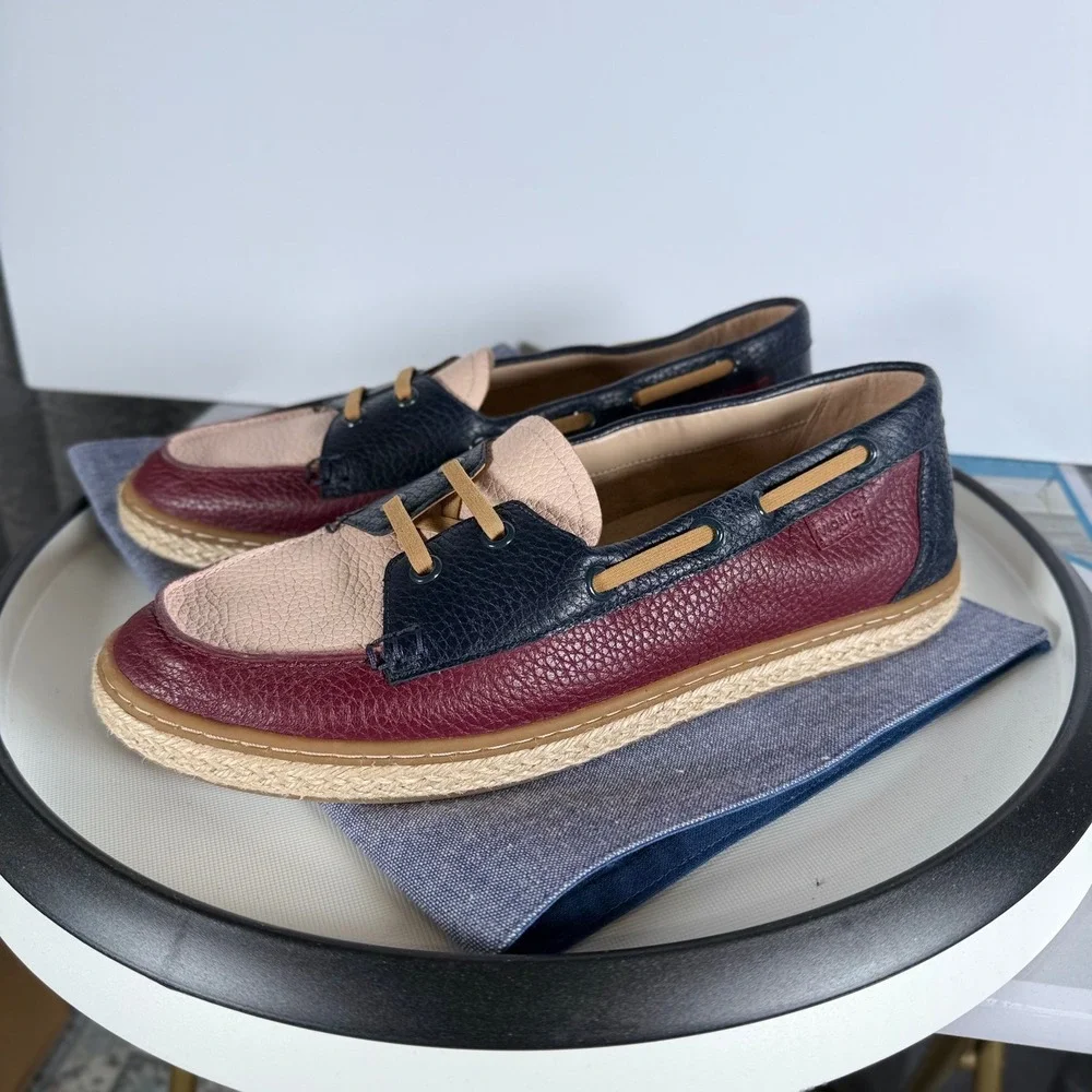 Vionic Bay Boat Shoes Womens 9.5 Navy Burgundy Leather Colorblock Loafers